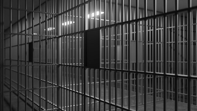 Empty jail cells are lit by fluorescent lights, creating a stark and somber atmosphere within the prison walls, emphasizing the concept of confinement and loss of freedom