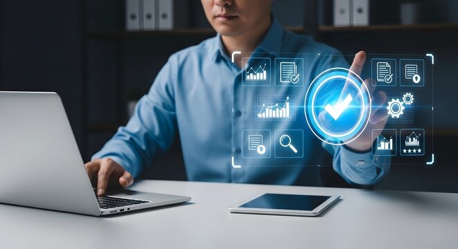 Professional manages data quality with a digital interface, ensuring accuracy and efficiency in business processes for optimized performance and reliability.