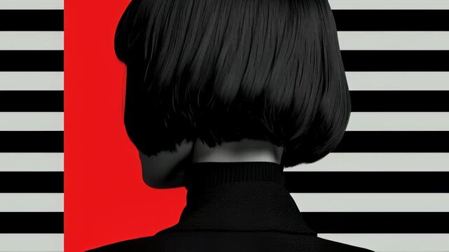 Stylish woman with short black bob and red lips in modern fashion portrait &ndash; monochrome face against red and black striped background, fashion photo with graphic doodles