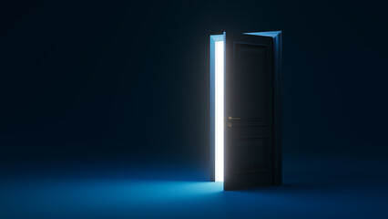 Dark room featuring a slightly open door, with bright light shining through, creating an atmosphere filled with mystery and hope, symbolizing opportunity and new beginnings