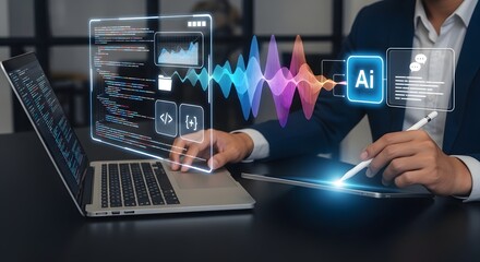 Businessman working on laptop using artificial intelligence technology with code and data visualization in modern business environment.