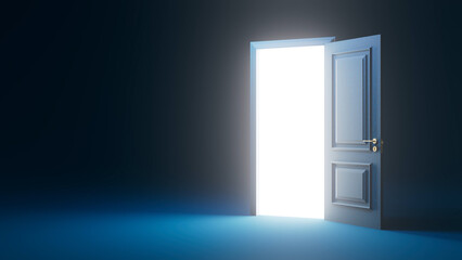 Slightly open door illuminating dark room with bright white light, creating a mysterious and hopeful atmosphere, symbolizing new opportunities and the passage to a brighter future