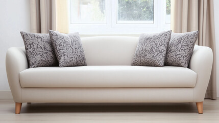 Scandinavian style beige sofa with wooden legs and decorative pillows in bright living room, natural sunlight through window, minimalist neutral interior design