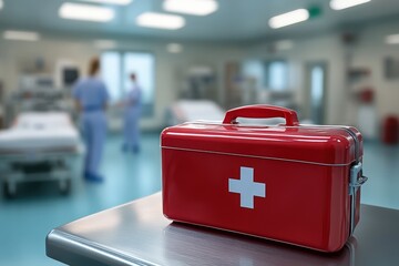 Red first-aid kit on a stainless steel surface.