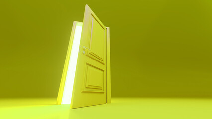 Slightly open yellow door allowing bright light to flood a vibrant yellow room, creating an atmosphere filled with hope and optimism while offering ample copy space for creative use
