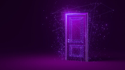 Glowing polygonal door appearing from a network of connected lines and particles, creating a futuristic and mysterious atmosphere with purple light