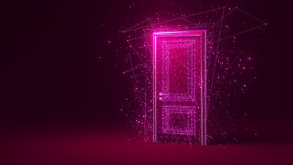 Bright pink polygonal door glowing on dark pink background representing new opportunities, concepts of future, technology, choice and access in digital world