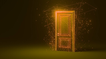 Bright golden door emanating light and surrounded by network connection on dark background representing new possibilities and future opportunities