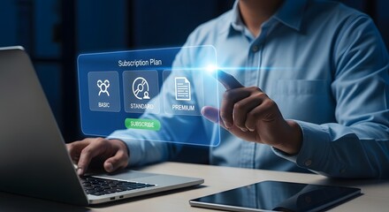 A man uses a laptop to select a subscription plan, shown with modern design elements, emphasizing online business and technology interactions.