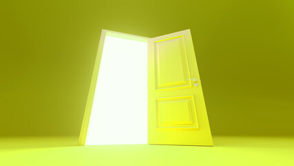Slightly open yellow door inviting bright white light into a warm yellow room, symbolizing opportunity, hope, and new beginnings while hinting at future possibilities and discoveries