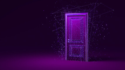 Glowing purple door materializing from an abstract network of lines and dots, representing concepts like future technology, virtual reality, and access to new dimensions