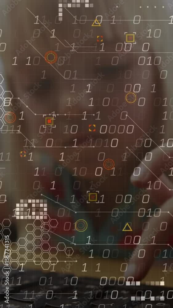 Poster animation of data processing and abstract shapes against caucasian girl using computer at school