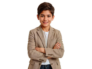 Teenage boy in blazer posing with arms crossed