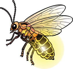  A dynamic and vibrant illustration of a red-bodied firefly in flight, showcasing its translucent wings and brilliant yellow bioluminescent glow, capturing the essence of this fascinating insect.