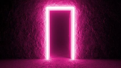 Glowing pink neon lights illuminate a doorway in a dark room, creating a vibrant and futuristic atmosphere with a mysterious ambiance, perfect for showcasing products or designs