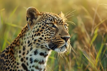 Obraz premium Stunning portrait of a leopard enjoying the warm sunset light in the african savanna