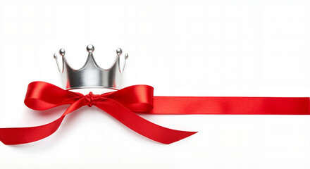 Elegant silver crown with bright red ribbon on white background, gift celebration concept
