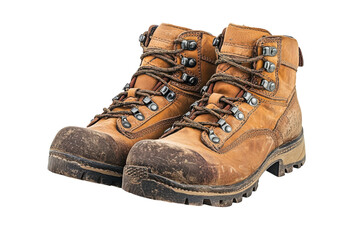 Worn Leather Work Boots Pair Protective Footwear Construction Safety Gear Muddy Job on transparent background