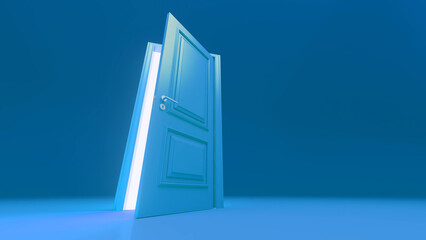 Open door is illuminating an empty room with bright light, creating a hopeful and optimistic atmosphere, perfect for concepts related to opportunity, new beginnings, and the future