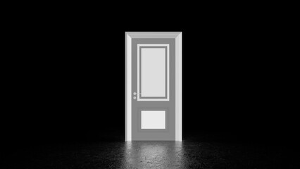 Glowing closed door in dark room illuminating the floor, offering a sense of hope, new beginnings, and the potential for unexplored possibilities