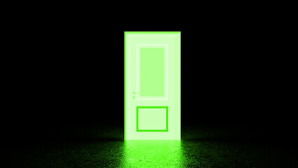 Bright green door emitting light in a dark room, creating a symbolic representation of hope, opportunity, and new beginnings, with the glowing doorway suggesting a path to a brighter future
