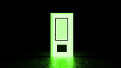 Vibrant green door glows in a dark room, casting an ethereal light on the floor, symbolizing hope, opportunity, and a pathway to the unknown