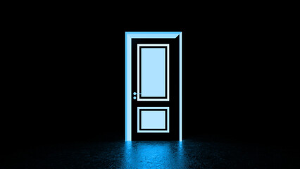 Bright blue light glowing from a closed door in a dark room creates a striking visual metaphor for hope, opportunity, and the promise of new beginnings, inviting exploration and discovery