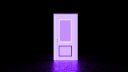 Glowing in a dark room, a vibrant purple door casts an ethereal light on the floor, inviting thoughts of mystery, opportunity, and the allure of the unknown