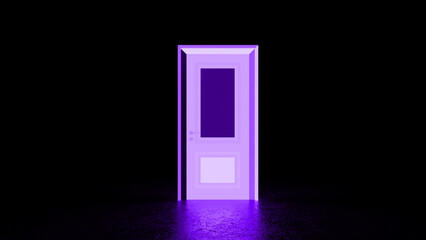 Vibrant purple door glows in a dark room, emanating an ethereal light and inviting exploration, symbolizing mystery, opportunity, and the unknown