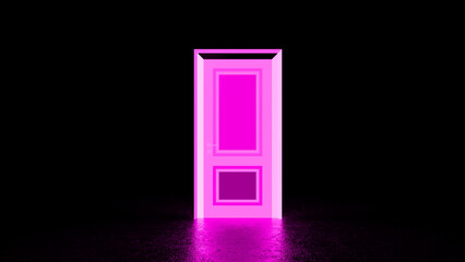 Vibrant pink door glows in a dark room, casting an ethereal light on the floor, creating a sense of mystery and intrigue, inviting exploration and curiosity