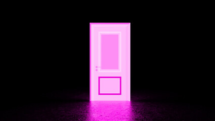 Vibrant pink door glows in a dark room, emitting a soft light onto the floor, creating a mysterious and hopeful atmosphere, suggesting new opportunities and unknown possibilities