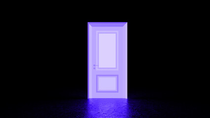 Brightly lit purple door stands in a dark room, emanating an ethereal glow that illuminates the floor, creating a sense of mystery and possibility