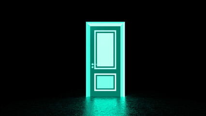 Cyan glowing door stands in a dark room, emanating a soft light that reflects on the floor, creating a symbolic representation of hope, opportunity, and new beginnings