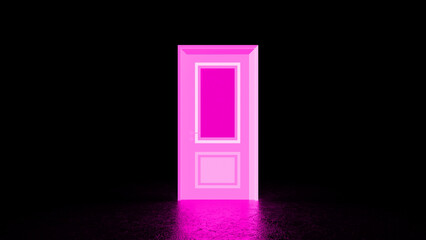 Closed pink neon door glowing in a dark, empty room, creating a mysterious and surreal atmosphere with vibrant light reflections dancing across the floor, inviting intrigue and imagination