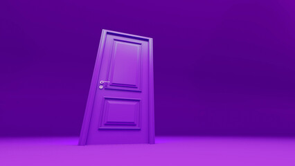 Minimalist rendering of a purple door leaning on a purple wall in an empty room, creating a surreal and dreamlike atmosphere, symbolizing mystery and the unknown