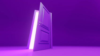 Slightly opened purple door revealing a bright white light in a vibrant purple room, evoking feelings of mystery, hope, and the promise of new beginnings and opportunities ahead