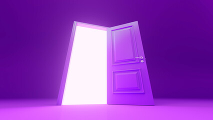 Slightly opened purple door revealing bright white light in an empty purple room evokes a sense of mystery and surrealism, inviting thoughts of opportunity and exploration
