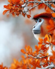 Fototapeta premium Adorable Monkey Peeking Through Vibrant Autumn Foliage Looking Outwards