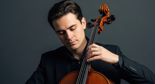 Young caucasian male cellist playing cello in studio setting