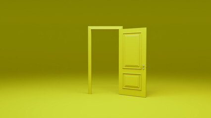 Vibrant yellow door stands open against a monochromatic background, inviting viewers to explore the possibilities and potential that lie beyond, symbolizing new beginnings and a bright future