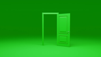 Open green door stands in a vibrant green room, symbolizing new opportunities, fresh starts, and the potential for exciting possibilities