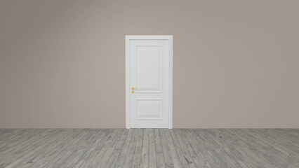 Modern white closed door with golden handles standing in an empty room with wooden floor and beige wall, creating a minimalist and serene atmosphere