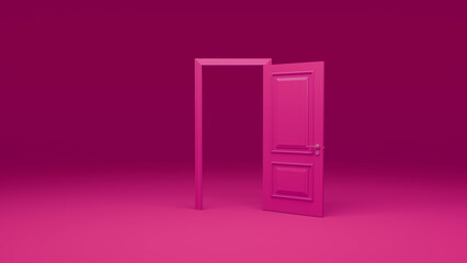 Open pink door invites exploration in a minimalist pink room, symbolizing new opportunities, fresh beginnings, and the potential for success and growth in the future