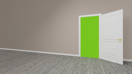 White door is opening to a bright green screen background in an empty room with wooden floor and taupe walls, perfect for keying and compositing