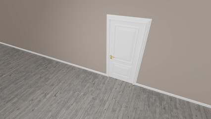 Classic white door with golden handles opens into a spacious empty room featuring a gray wooden floor and a brown wall, creating a simple yet elegant interior design