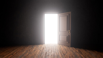 Open door allowing bright light to flood a dark room with wooden floors, creating an atmosphere filled with mystery and hope, hinting at new beginnings and unexplored opportunities