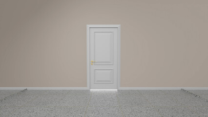 Light is coming through the bottom of a closed white door in an empty room with a speckled floor and beige walls, creating a mysterious and hopeful atmosphere