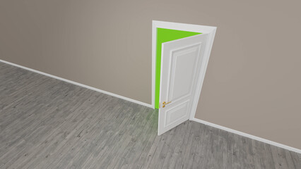 Slightly open white door reveals a vibrant green room beyond, contrasting with the gray wooden floor and neutral toned walls, creating a sense of mystery and intrigue