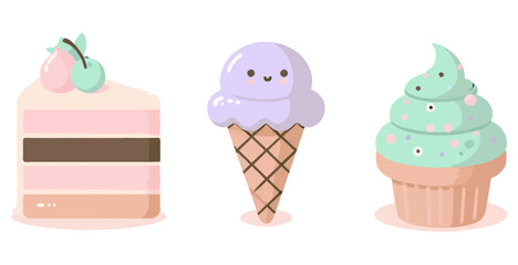 Three cute cartoon desserts including a slice of cake ice cream cone and cupcake