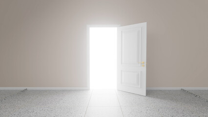 Bright light shining through open door in empty room with beige walls and granite floor, representing new opportunities, hope, and spiritual awakening